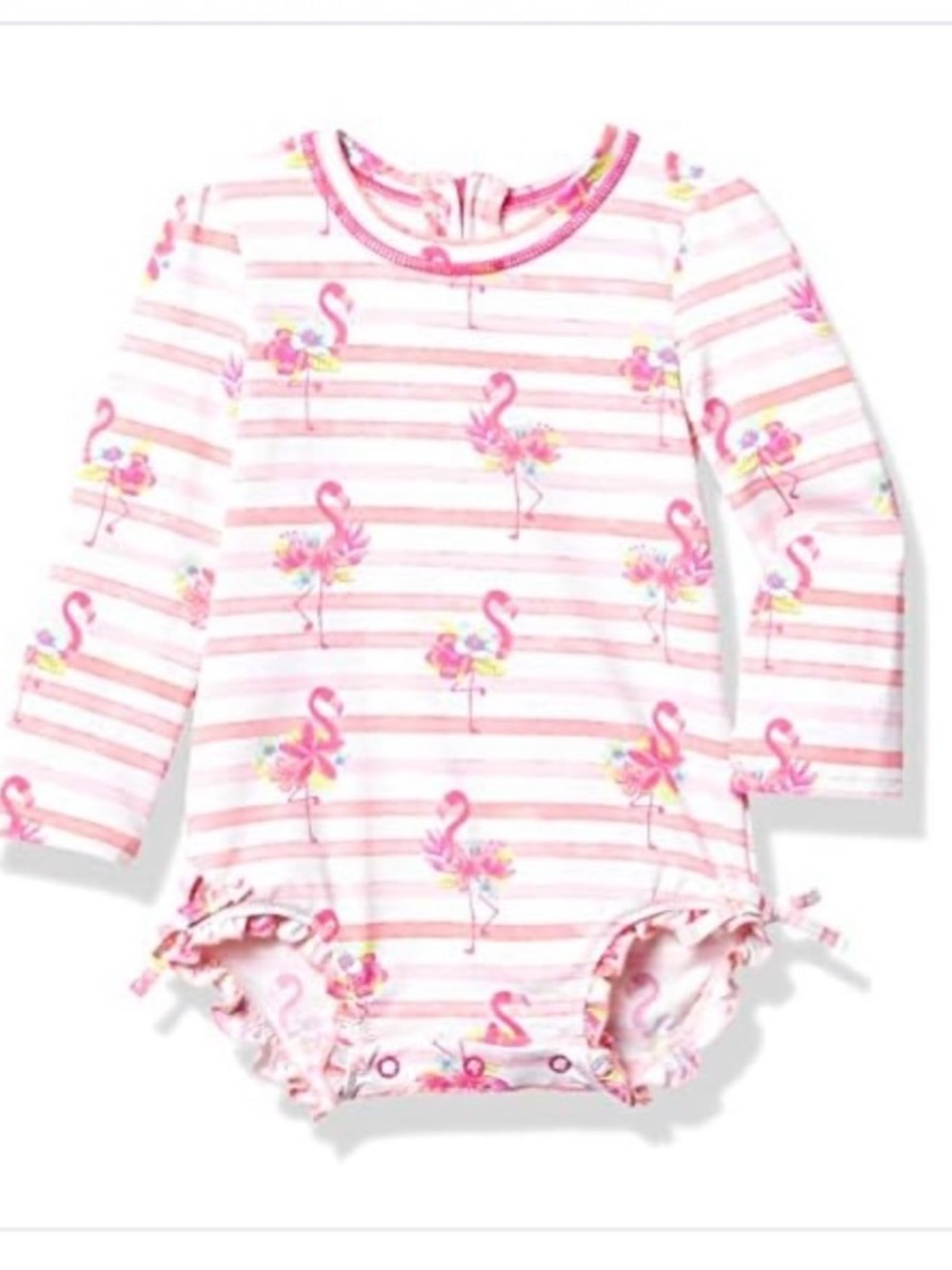Hatley Pink and White Striped Flamingo Rash Guard One Piece Swimming Suit 12-18m